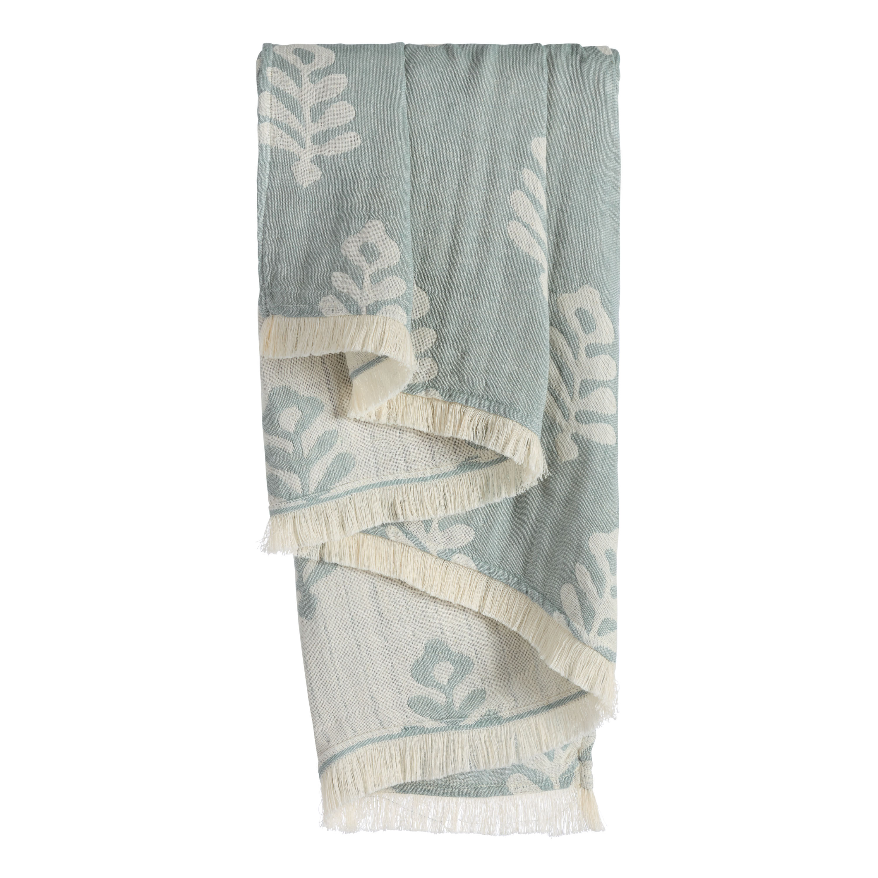 Dusty Blue and Ivory Bhuti Floral Jacquard Throw Blanket | World Market