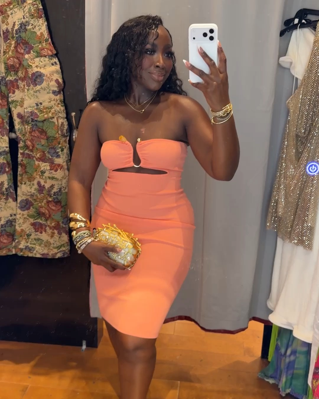 OK, this strapless peach dress in size large is so sexy! Especially when I added these accessories to it.

the dress is not sold online, linking something similar or you can shopping store.