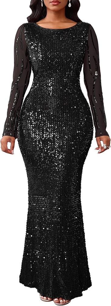 VERWIN Women's Sequins Bodycon Round Neck Long Sleeve Sparkly Mermaid Maxi Dress for Casual Party... | Amazon (US)