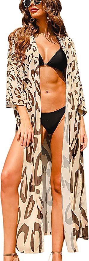 Hibluco Womens Beach Kimono Cardigan Fashion Chiffon Long Swimsuit Cover Up | Amazon (US)