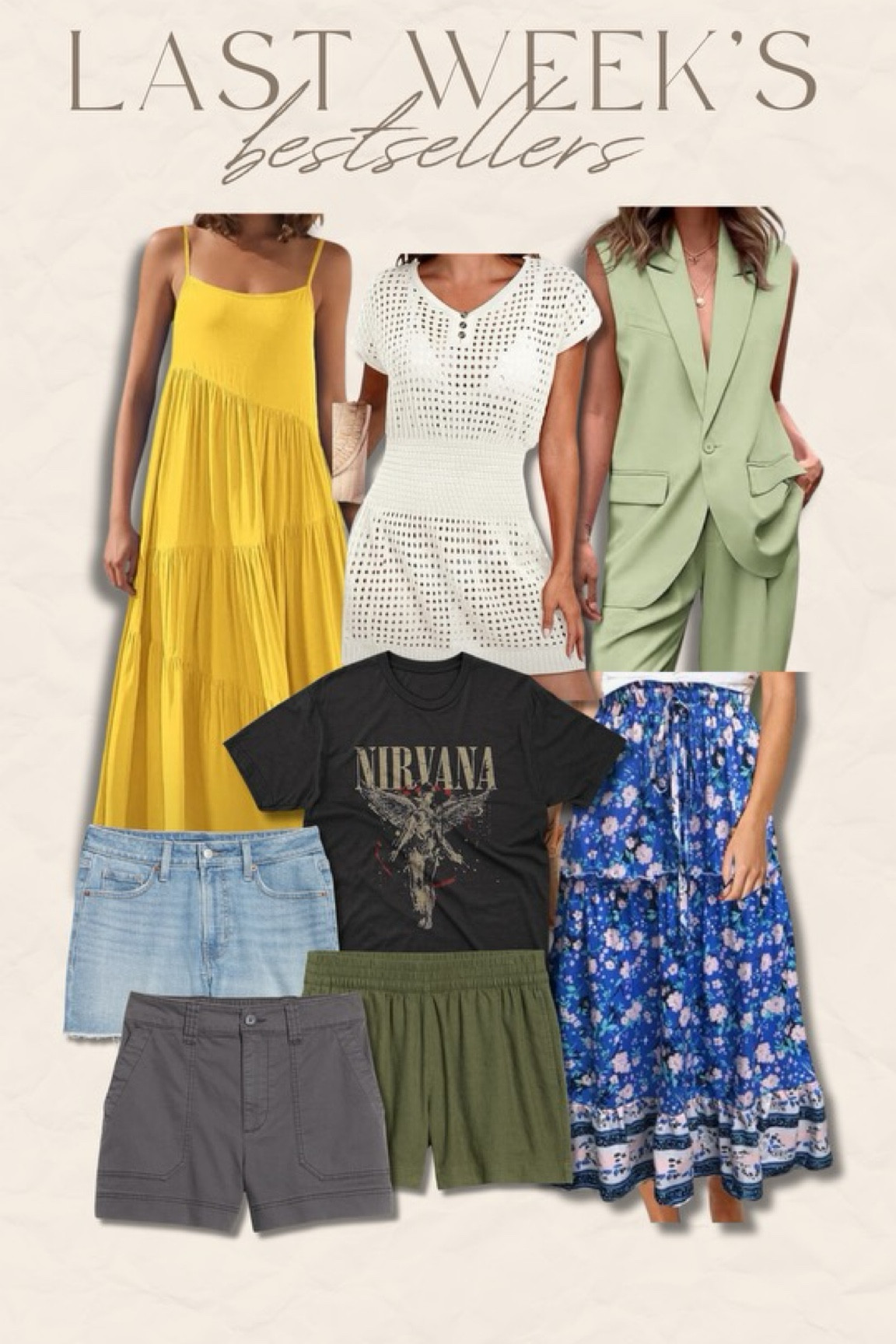 Best sellers from last week! All Amazon and Old Navy. All true to size! Except I sized up to an XL in the blue skirt and the Nirvana tee. Everything else is a large and a size 12 in the denim shorts. 

#LTKStyleTip #LTKFindsUnder50 #LTKMidsize