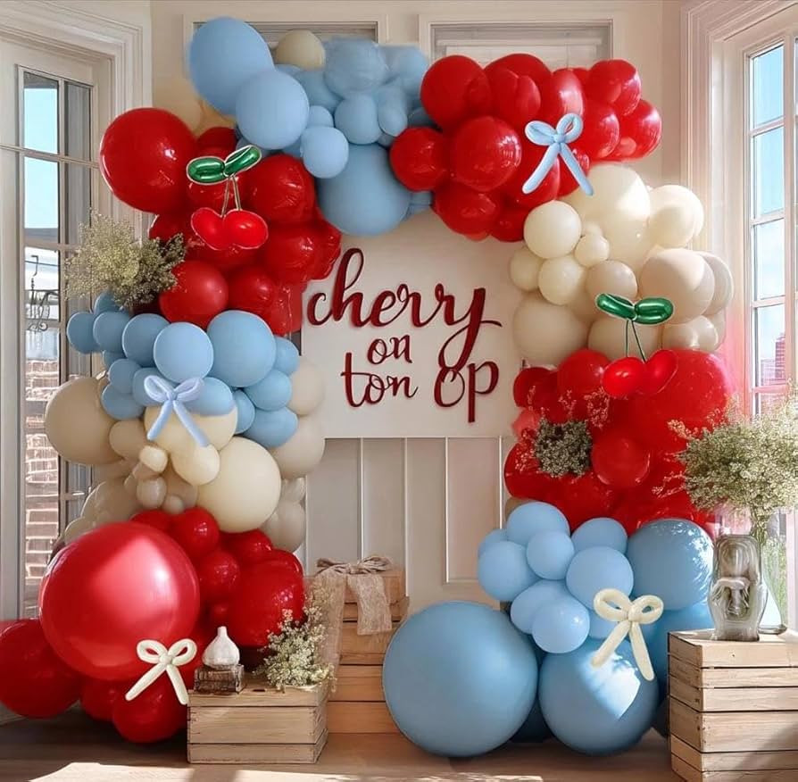 Red Blue Cherry Balloon Arch Kit Double Stuffed, Ruby Red Dusty Light Blue White Sand Ivory Ballo... | Amazon (US)