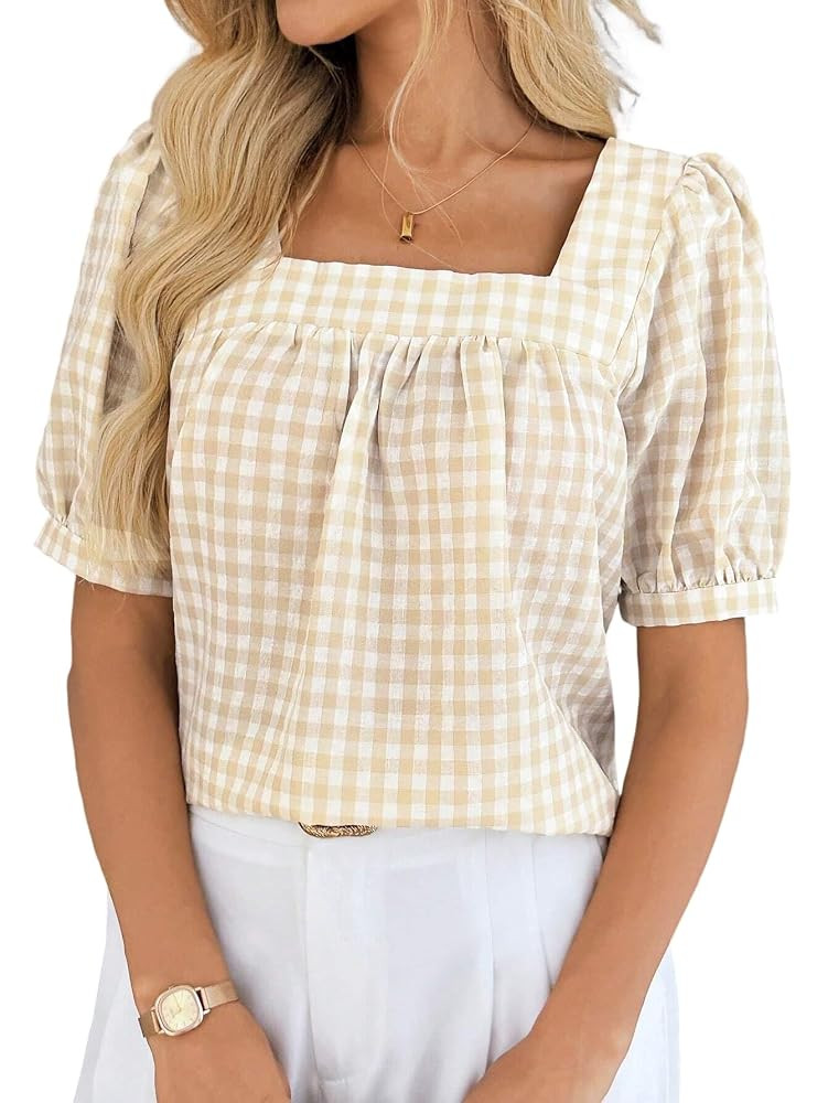 Wolddress Women's Summer Blouse Casual Square Collar Plaid Basic Short Sleeve Blouse Spring Tops | Amazon (US)