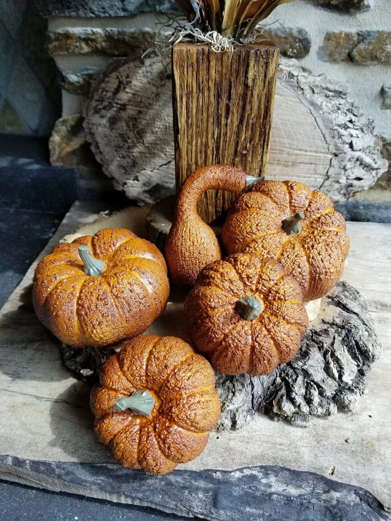 Rustic Textured Brown Artificial Pumpkins Set of Five Harvest, Fall and Autumn Decor Tiered Tray ... | Etsy (US)