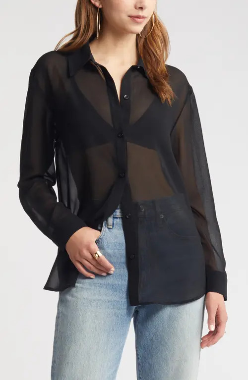 Open Edit Sheer Button-Up Shirt in Black at Nordstrom, Size Large | Nordstrom