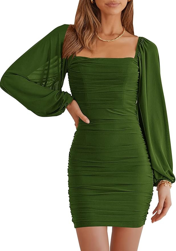 ANRABESS Women Long Sleeve Square Neck Mesh Ruched Bodycon Mini Dress Party Club Cocktail Formal ... | Amazon (US)