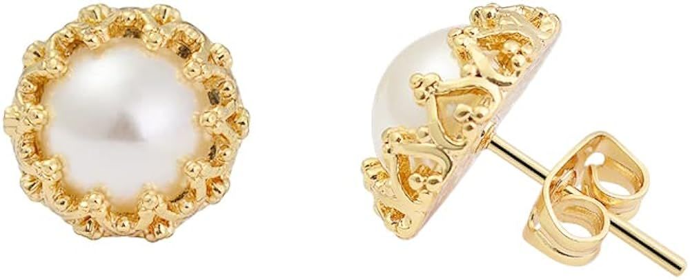 Magna Bijoux 14k Gold Plated Brass Crown Simulated Pearl Stud Earrings | Amazon (US)