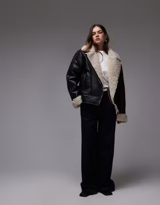 Topshop shearling aviator jacket in black and cream | ASOS (Global)