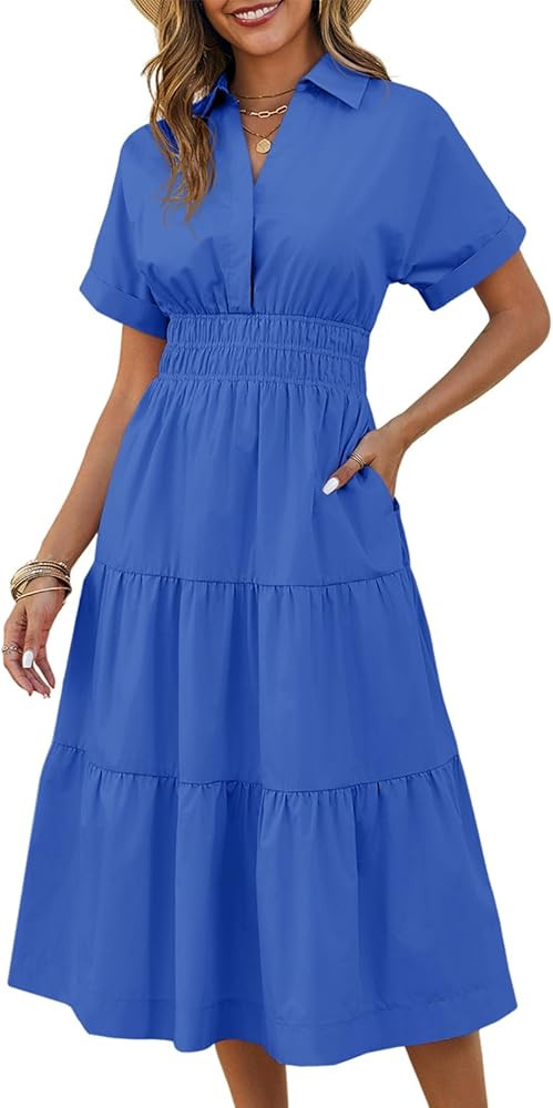 Wenrine Womens Summer Short Sleeve Maxi Dresses Casual V Neck Smocked Loose Tiered Flowy Shirt Dr... | Amazon (US)
