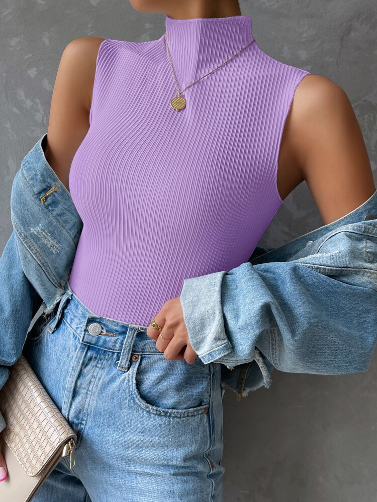 SHEIN EZwear Mock Neck Ribbed Knit Tank Top | SHEIN