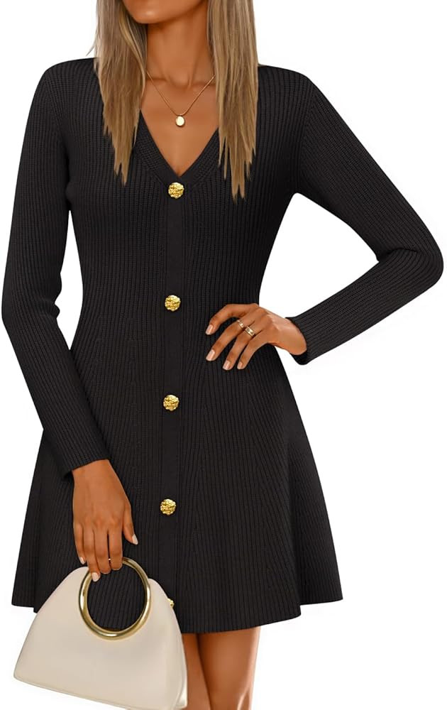 ZESICA Women's Fall Long Sleeve Sweater Dress 2026 Casual V Neck Button Ribbed Knit A Line Swing ... | Amazon (US)