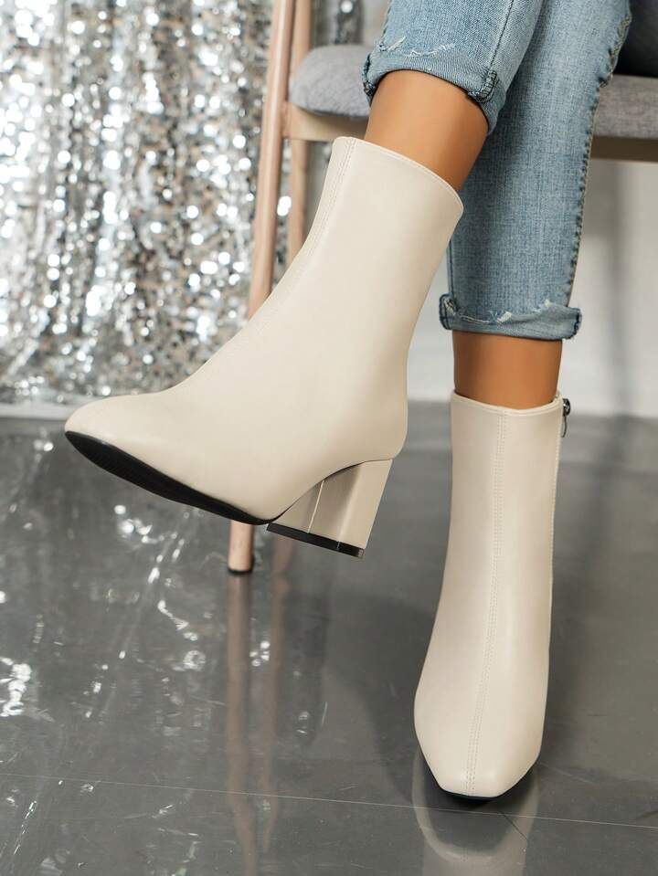 Women's Christmas Fashion Boots Black Faux Leather Side Zipper Chunky Heel Comfortable Mid-calf B... | SHEIN
