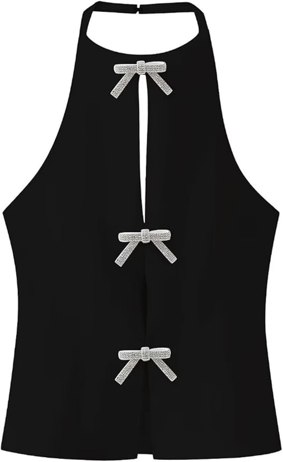 CORIRESHA Women Elegant Sleeveless Halter Neck Keyhole Detail Rhinestone Bow-Tie Zipper Top | Amazon (US)