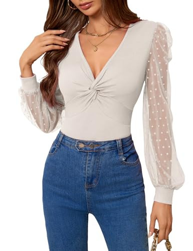 Fayenne Womens Sexy Tops V Neck Twist Knot Front Date Night Outfits Mesh Polka Dot Long Sleeve Going Out Y2K Tops Trendy Apricot | Amazon (US)