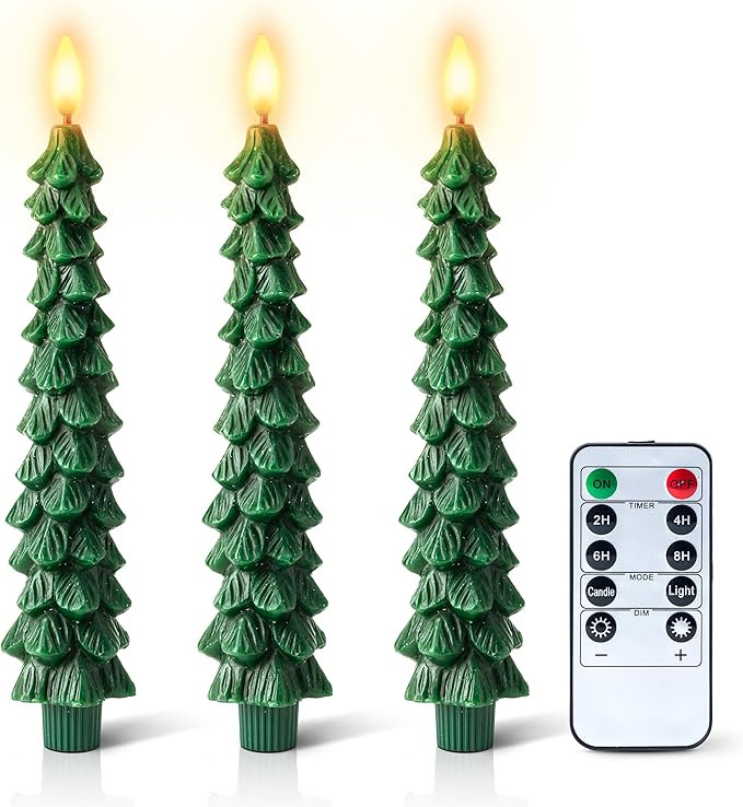 3 PCS Christmas Tree Light Flameless Taper Candles Flickering with Remote Timer, Real Wax LED Bat... | Amazon (US)