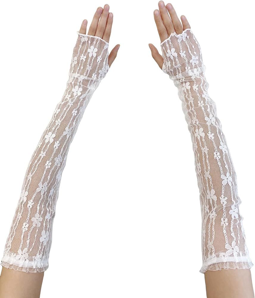 SHENHE Women's Sheer Lace Tulle Gloves Fingerless Elbow Length Arm Sleeves Mittens | Amazon (US)