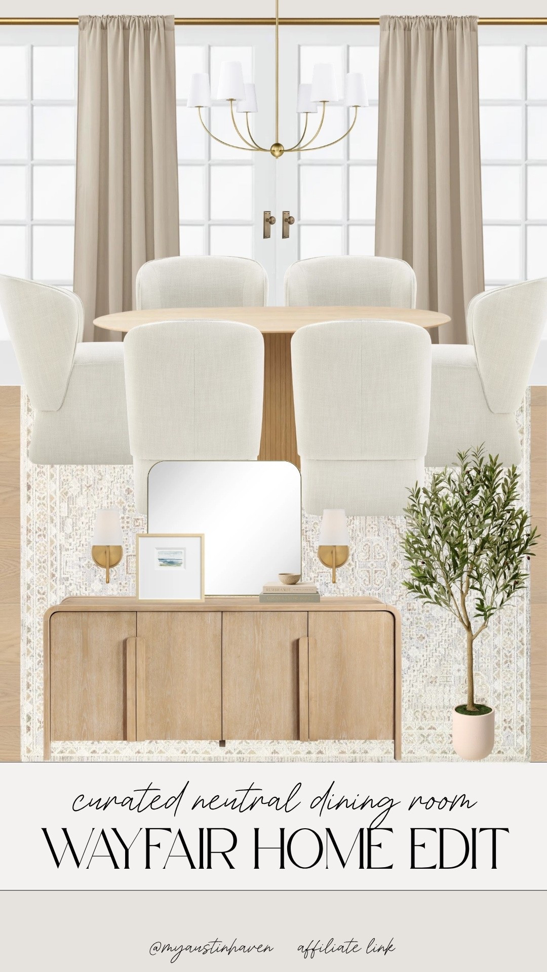 Dining room with soft neutrals and warm wood tones. 🤍 The sculptural table, upholstered chairs and streamlined sideboard create an elevated space that still feels comfortable and inviting.

Wayfair home, neutral dining room, modern organic decor, dining table set, upholstered chairs, AllModern, light wood furniture, curved sideboard, brass chandelier, washable area rug, linen curtains, faux olive tree, entryway console, mcgee style, pottery barn inspired, transitional interiors, affordable designer look.