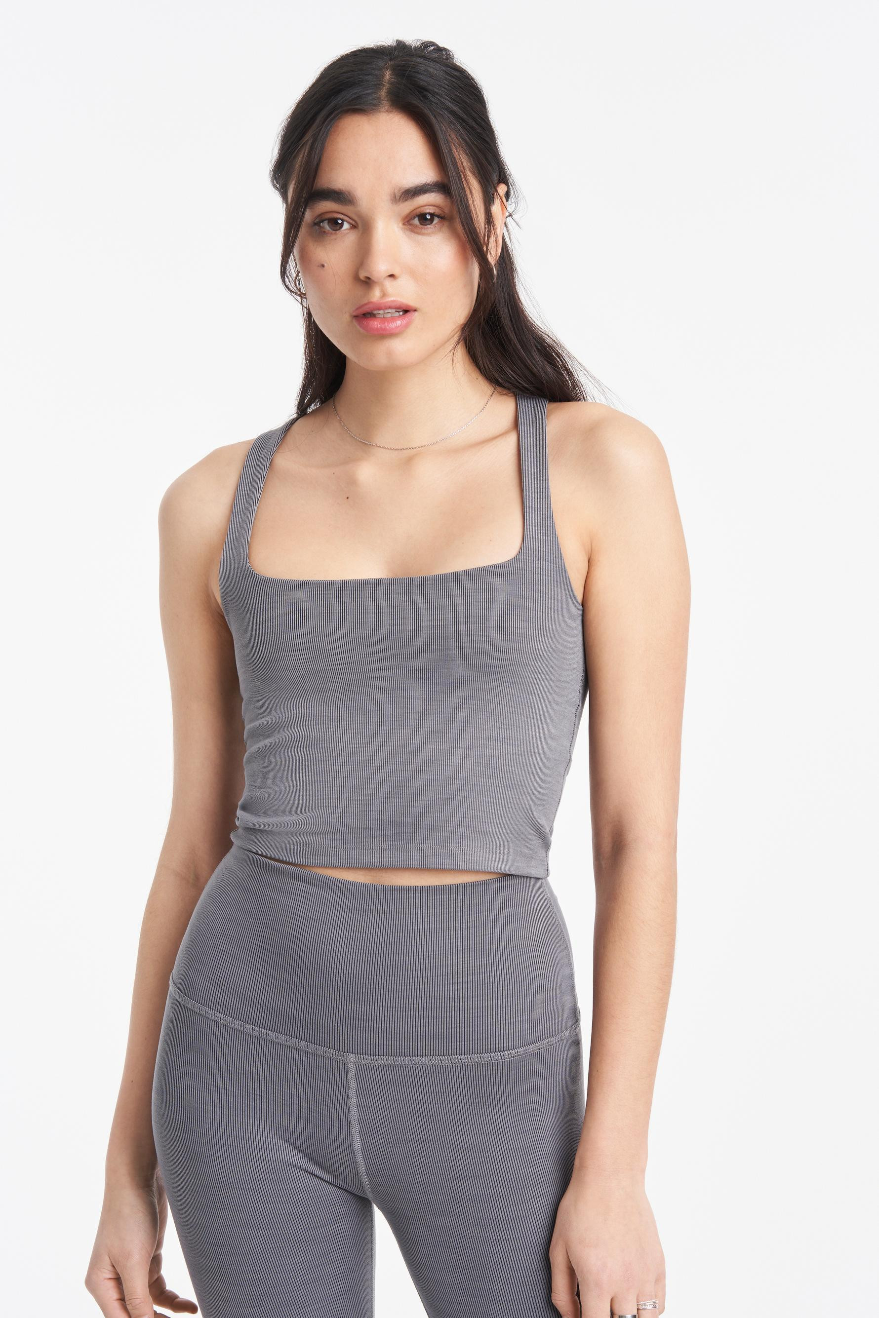 Beyond Yoga Heather Rib Square Neck Crop Tank in Gray Heather Bandier | Bandier