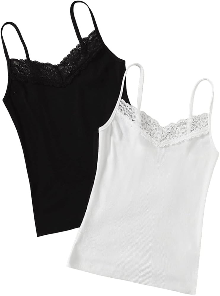 SweatyRocks Women's 2 Pieces V Neck Sleeveless Lace Spaghetti Strap Camisole Cami Tank Top | Amazon (US)