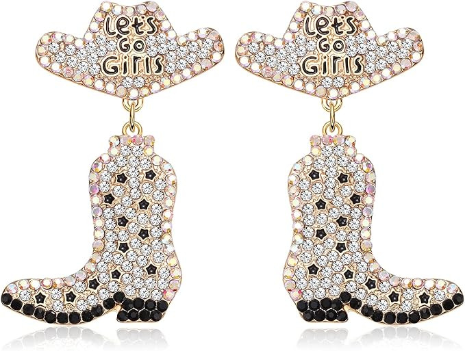 Western Earrings Sparkly Rhinestone Cowgirl Boot Drop Dangle Earrings Fun Handmade Country Concer... | Amazon (US)