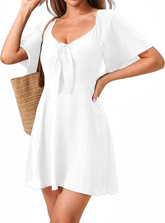 Womens Dresses 2025 Spring Summer Deep V Neck Casual Bow Tie Mini Cocktail Beach Dress | Amazon (US)