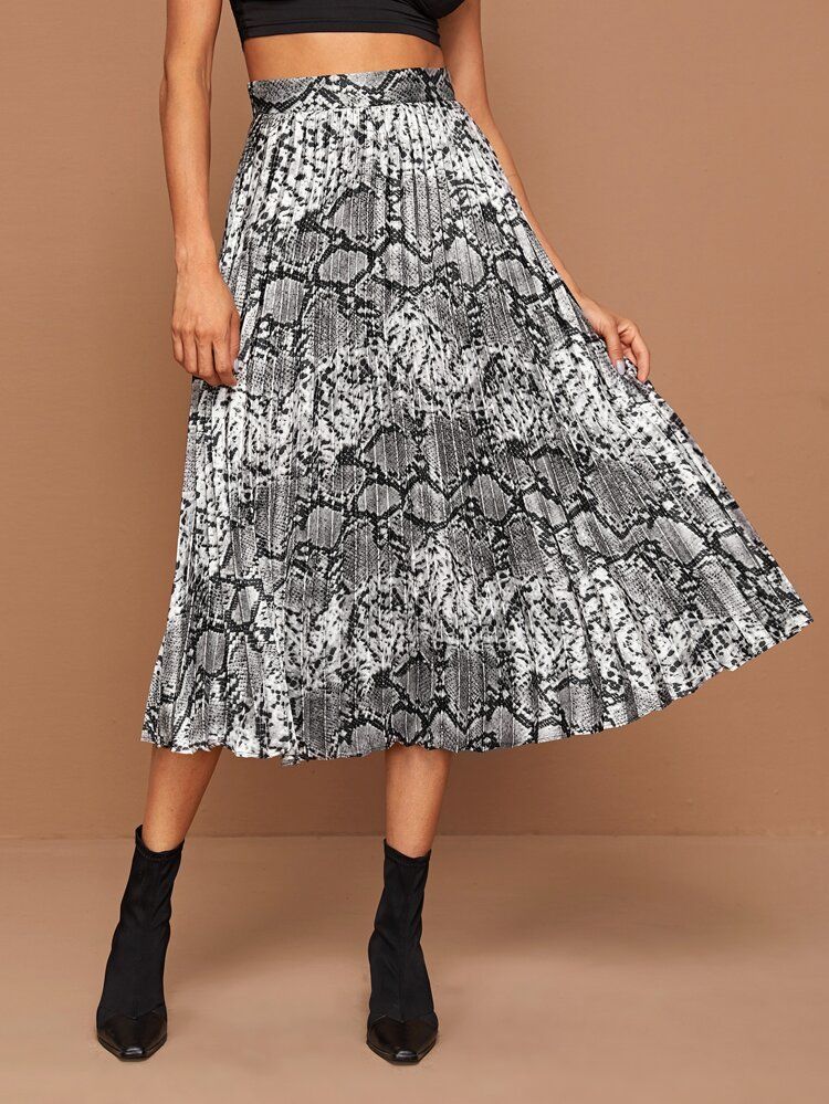 Snakeskin Print Pleated Skirt | SHEIN