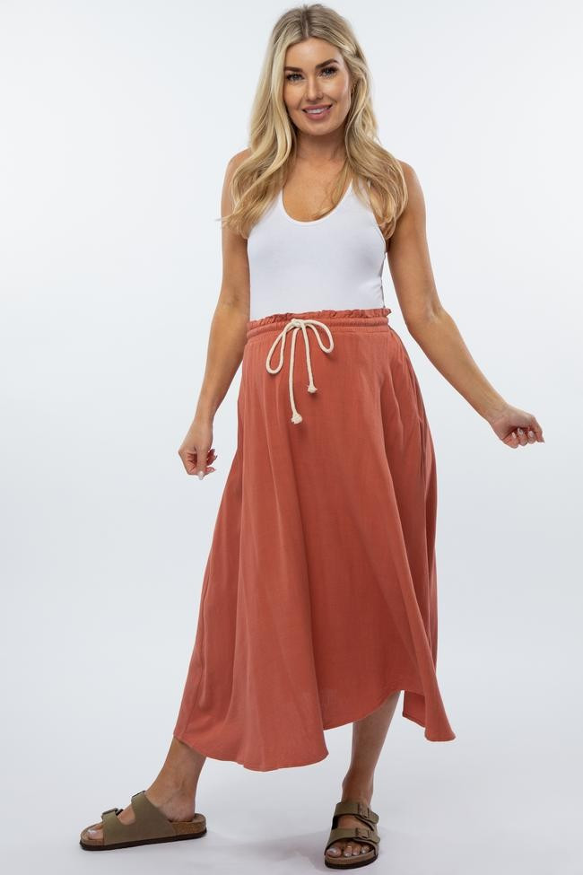 Rust Drawstring Waist Maternity Midi Skirt | PinkBlush Maternity