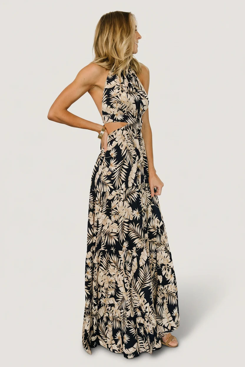 Brett Halter Maxi Dress - Navy Tropical Print | Baltic Born | Baltic Born