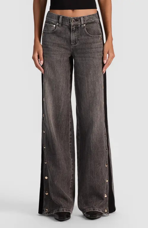 Alice + Olivia Amazing Stud Detail Knit Side Panel Wide Leg Jeans in Georgia Vintage Black at Nordstrom, Size 31 | Nordstrom