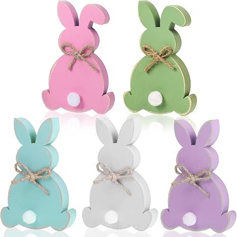 5 Pcs Easter Bunny Wooden Signs Bunny Decor Easter Tabletop Decor Rabbit Shape Table Sign with Ju... | Amazon (US)