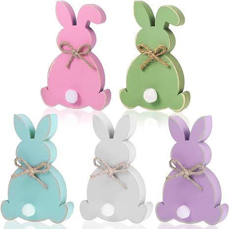 5 Pcs Easter Bunny Wooden Signs Bunny Decor Easter Tabletop Decor Rabbit Shape Table Sign with Ju... | Amazon (US)