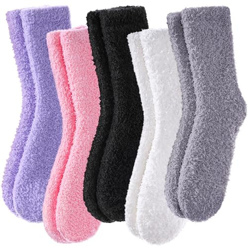 POEATEZO Womens Fuzzy Socks Cozy Fluffy Winter Cabin Slipper Warm Soft Microfiber Plush Home Sleeping Socks (5 Pairs Mixed color B) | Amazon (US)
