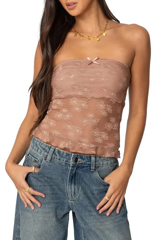 EDIKTED Ballet Floral Lace Crop Tube Top in Brown at Nordstrom, Size X-Small | Nordstrom