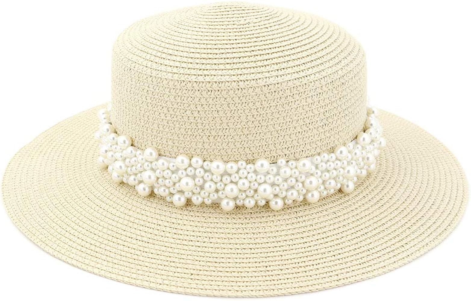 Women Felt Fedora Hat, Wide Brim Cowboy Flat Top Floppy Boater Panama Straw Hat Pearl Caps Beige | Amazon (US)