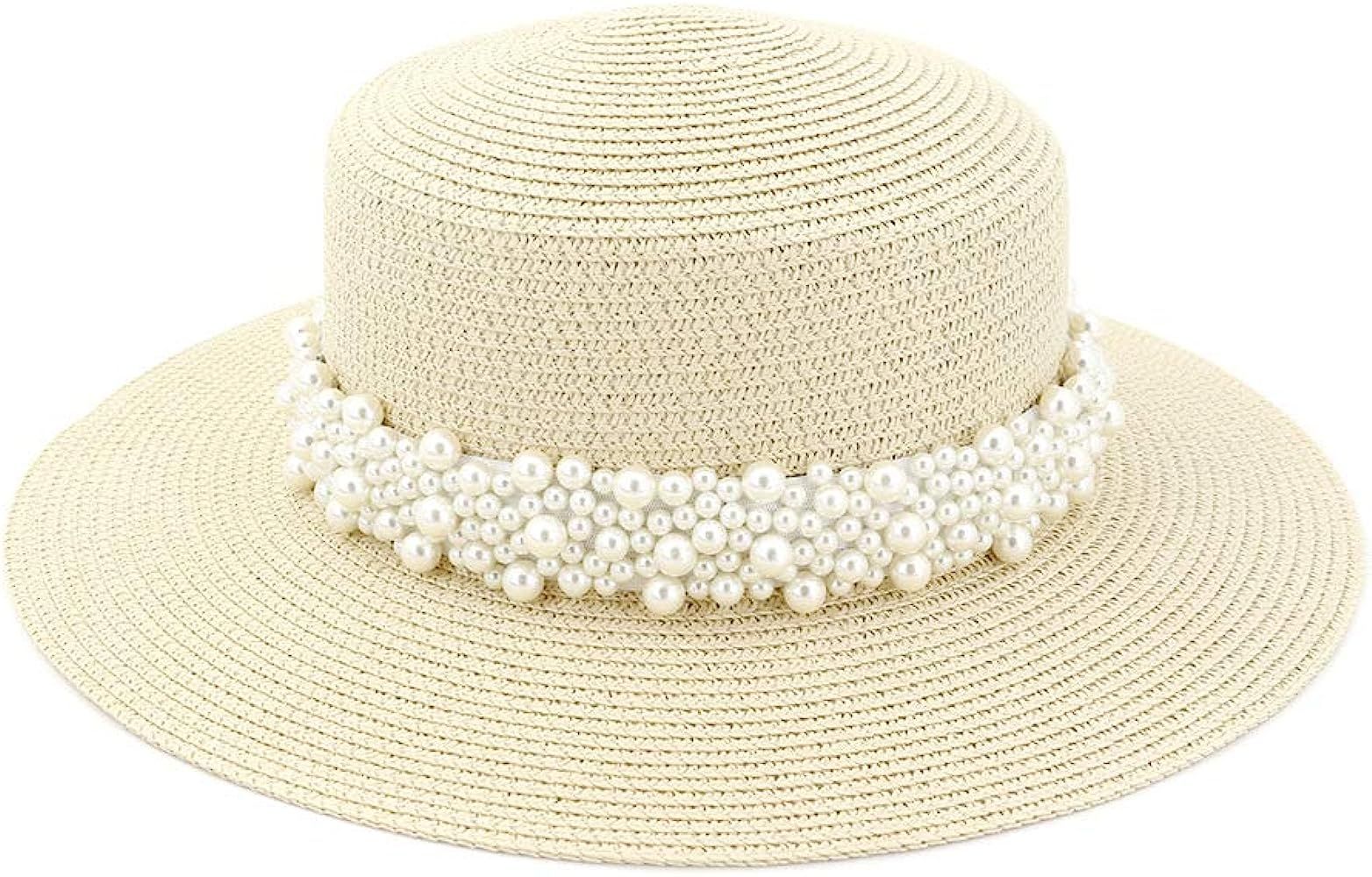 ADAHOP Women Boater Straw Hat Outdoor Seaside Beach Sun Flat Top Sun Caps with Wide Pearl Decoration | Amazon (US)