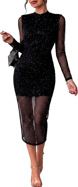 Acelitt Women's Glitter Sheer Mesh Dress, S-XXL | Amazon (US)