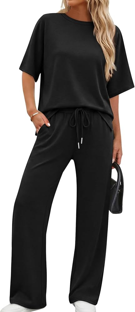 XIEERDUO Women's Side Slit Lounge Sets 2 Piece Travel Outfits Airport Tracksuit Oversized Wide Le... | Amazon (US)