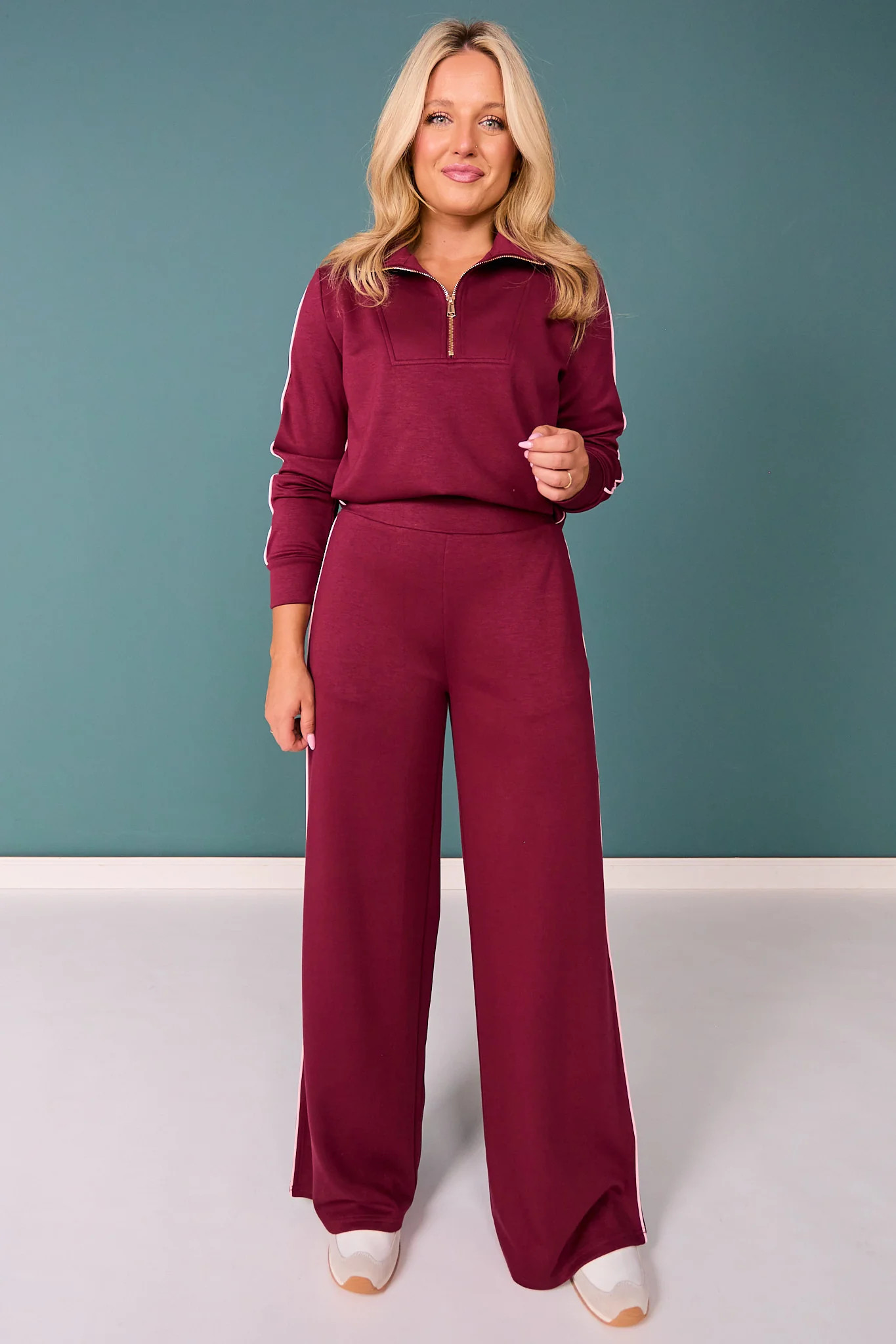 SSYS Sutton Air Long Sleeve Side Stripe Wide Leg Pants Set In Maroon | SSYS