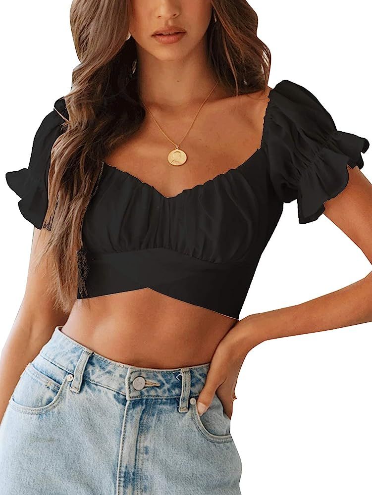 LYANER Women's Ruffle Short Sleeve Tie Up Back Crop Top Off Shoulder Bardot Blouse | Amazon (US)