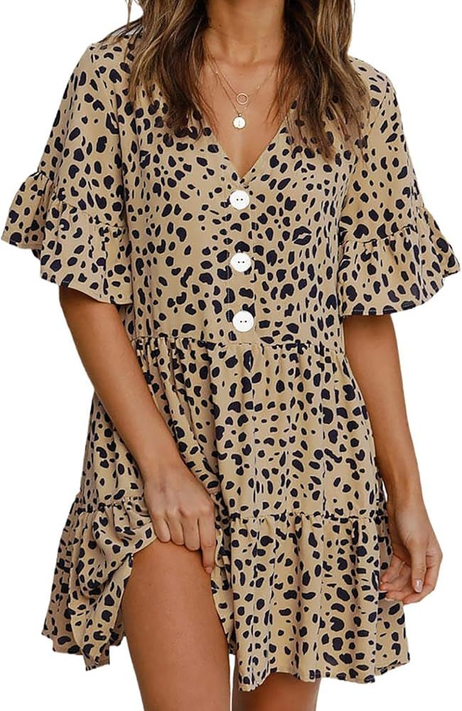 BLENCOT Womens Casual Half Sleeve Summer Tunic Dress V Neck Loose Flowy Swing Shift Mini Dress | Amazon (US)