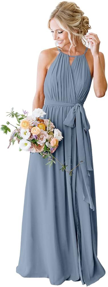 Women's Halter Pleated Chiffon Long Bridesmaid Dresses with Pockets Formal Dresses Evening Party ... | Amazon (US)