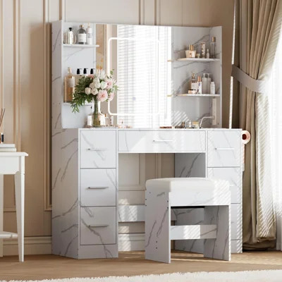 Makeup Vanity Desk with Dimmable LED Mirror – 7 Drawers, USB Ports, Power Outlets, Hair Dryer Holder, Cushioned Stool – 43" Modern Dressing Table, Fau | Wayfair North America