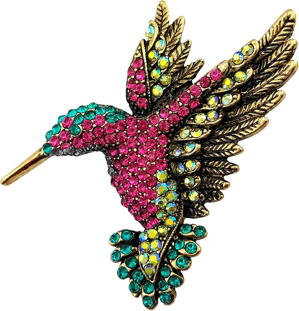 SELOVO Antique Gold Tone Bird Hummingbird Multi Color Austrian Crystal Pin Brooch | Amazon (US)