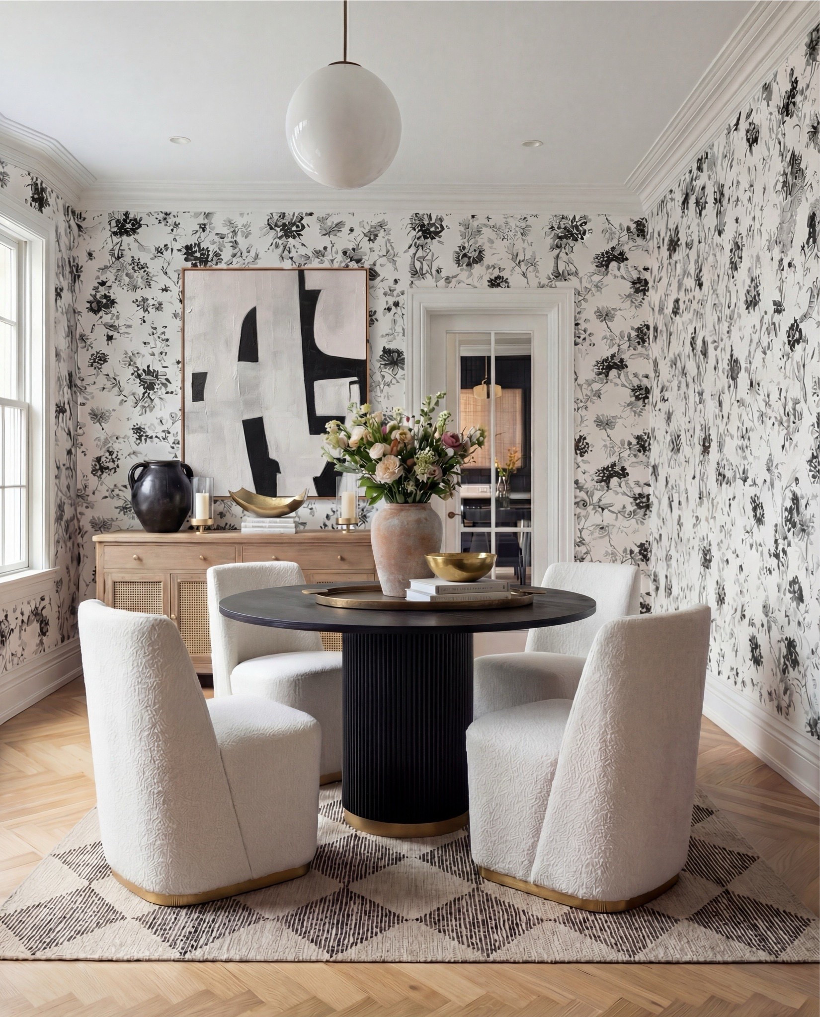 Bold, modern, and beautifully refined — this dining space blends sculptural shapes with soft textures for a high-end, magazine-worthy look. The black fluted pedestal table instantly grounds the room, while the cream textured dining chairs add softness and quiet luxury. The black-and-ivory floral wallpaper creates a striking backdrop that makes every detail feel intentional. Layered art, mixed ceramics, and warm brass accents finish the space with an elevated, gallery-inspired touch.

Shop the Look:
• Black fluted pedestal dining table with brass base
• Cream textured barrel dining chairs with brass foot detail
• Black & ivory floral wallpaper
• Soft geometric neutral area rug
• Light oak sideboard with rattan door insets
• Oversized abstract black-and-white wall art
• Terracotta ceramic vase with florals
• Black sculptural ceramic jar
• Brass decorative bowl
• Neutral hardcover styling books
• White glass globe pendant light

#LTKSaleAlert #LTKHome