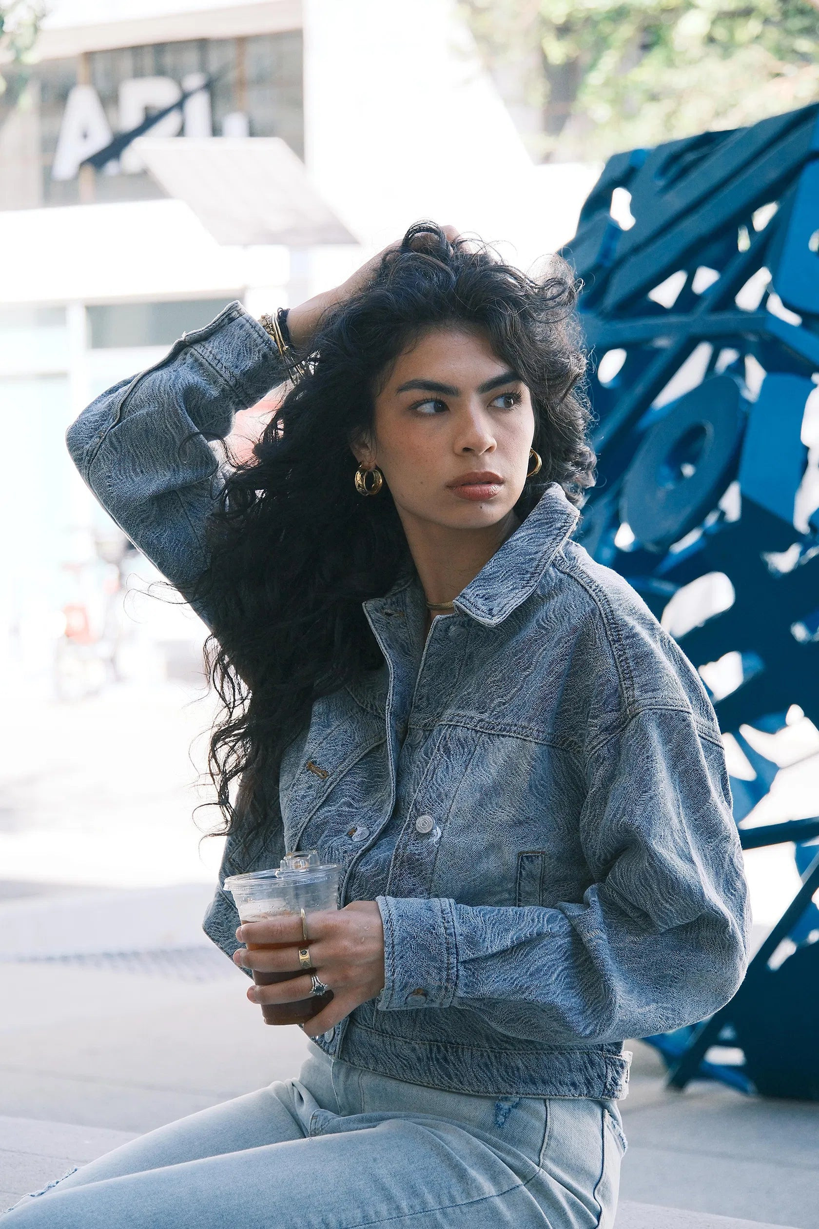 Ainsley Textured Cropped Jacket in Washed Jacquard Denim | Fabrique