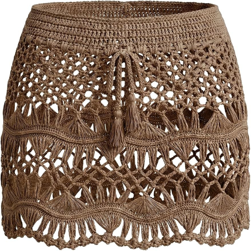CUPSHE Women Crochet Coverup Skirt Drawstring Knit Mini Skirt Coverup for Swimwear | Amazon (US)