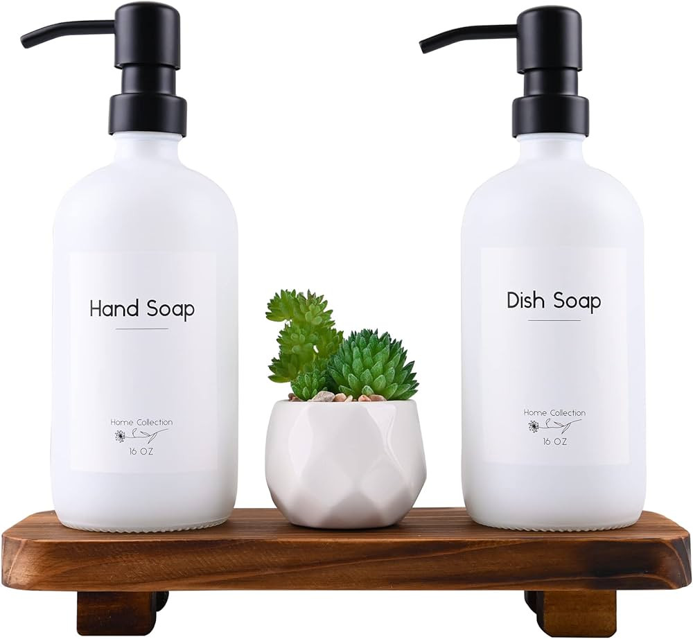 Glass Soap Dispenser with Tray 16.9 OZ Hand Soap Dispenser Dish Soap Dispenser with Wooden Riser ... | Amazon (US)
