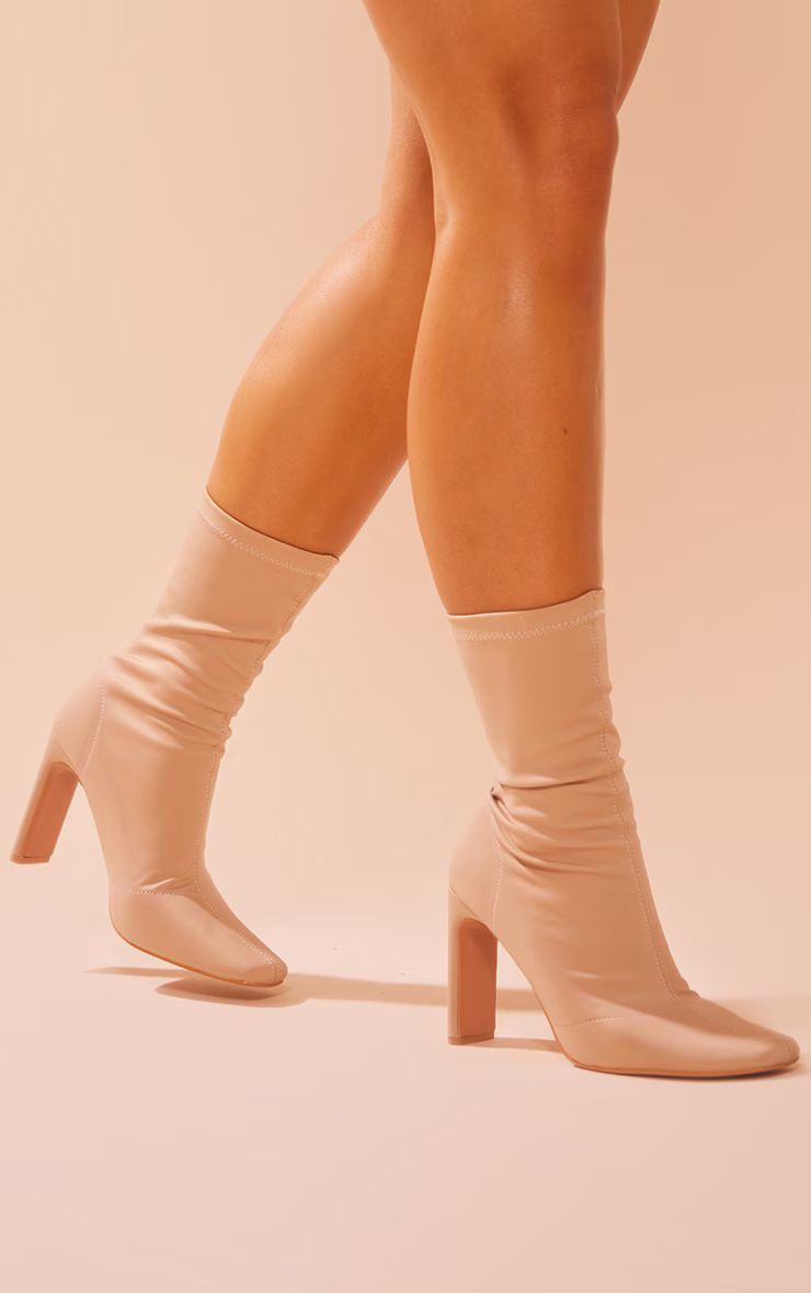 Beige Lycra Square Toe Heeled Ankle Sock Boots | PrettyLittleThing UK