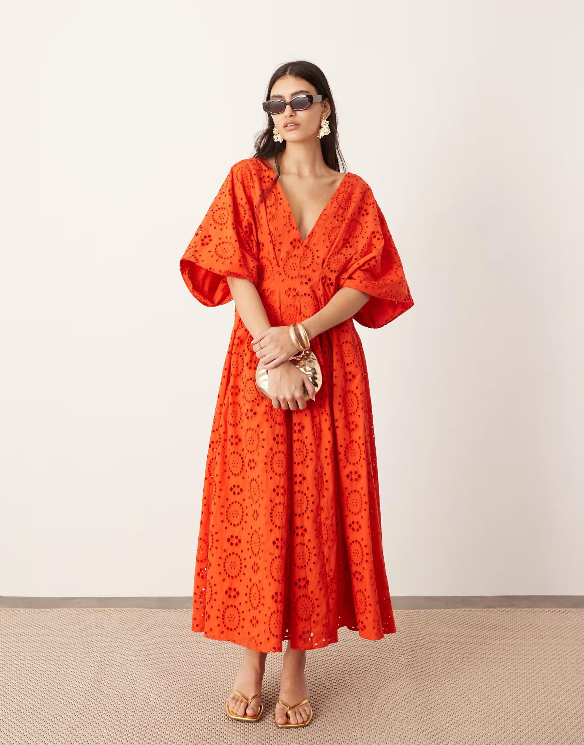 ASOS EDITION broderie wide sleeve plunge midi dress in red | ASOS (Global)