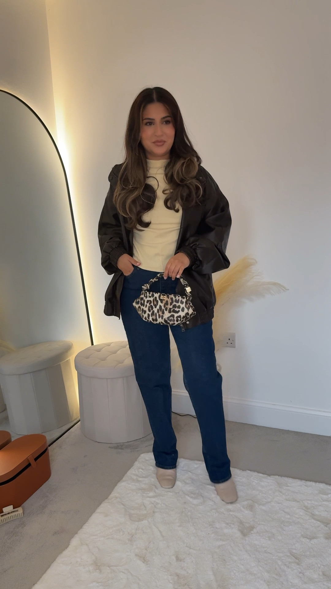 Modest autumn outfit ideas leather brown jacket, yellow top, blue Abercrombie jeans 

#LTKmodest #LTKautumn